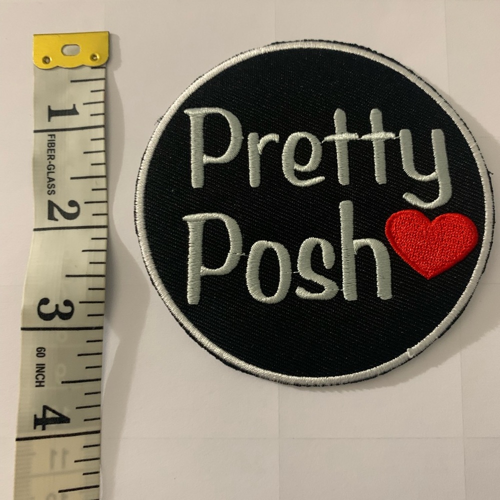 New “Pretty Posh” circle patch. Black w/ white lettering and red Heart. - Picture 3 of 4